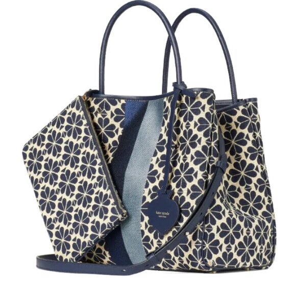 Kate Spade Everything Tote Large Flower Jacquard Stripe Blue Wristlet Adjustable - Picture 2 of 11